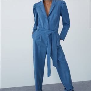 Zara Medium Blue Blazer Jumpsuit Puff Shoulder V Neck Tencel Lyocell